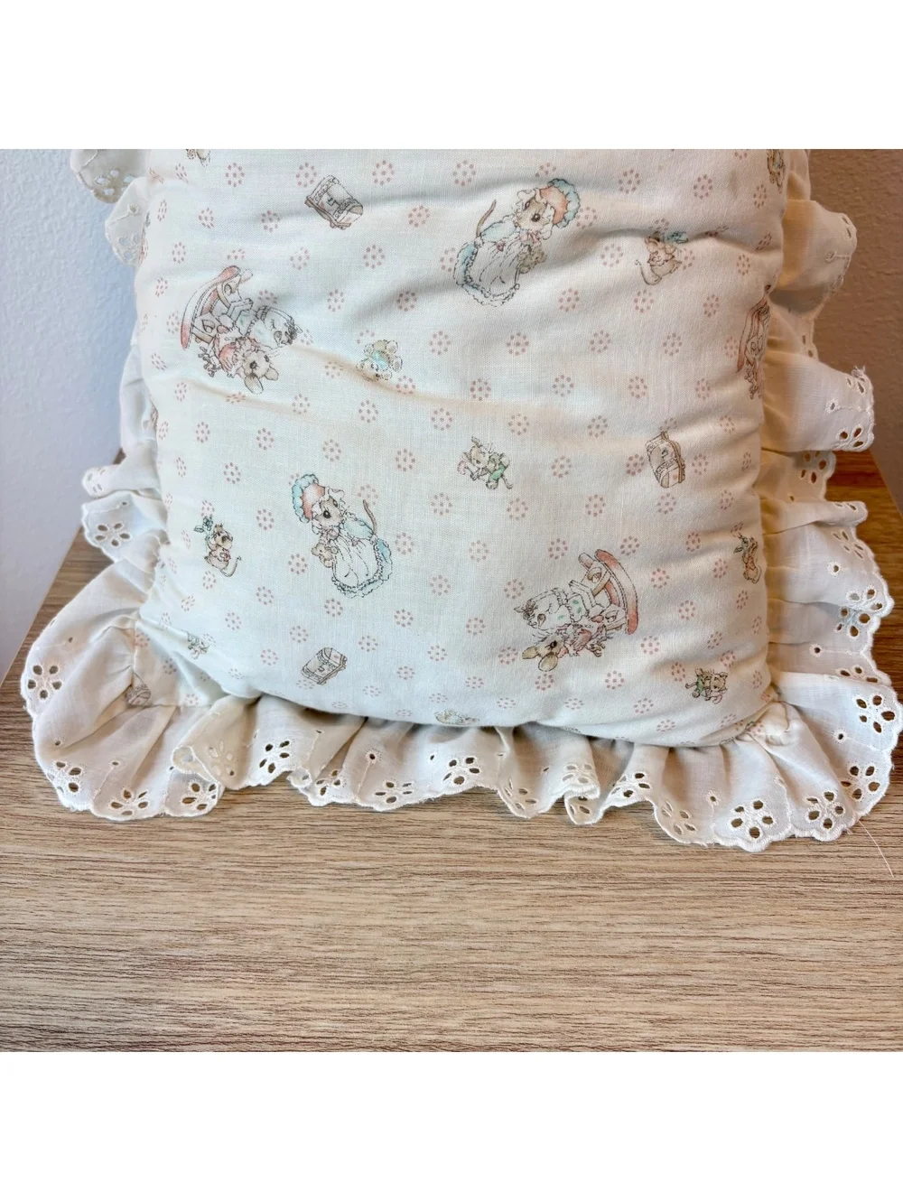 Vintage Nursery Pillow Mice Rocking Horse Eyelet Lace Ruffle Cottagecore Gift